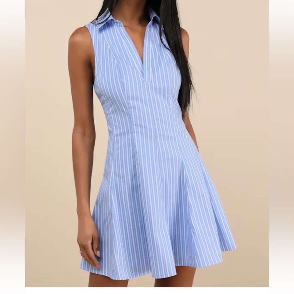 Lulus blue striped collared skater mini dress. Size large